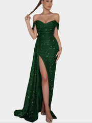 Off-the-shoulder sequin maxi dress with slit