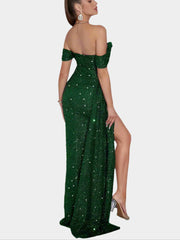 Off-the-shoulder sequin maxi dress with slit