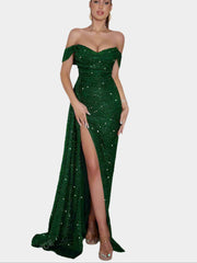 Off-the-shoulder sequin maxi dress with slit