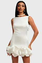 White mini dress with ruffled skirt