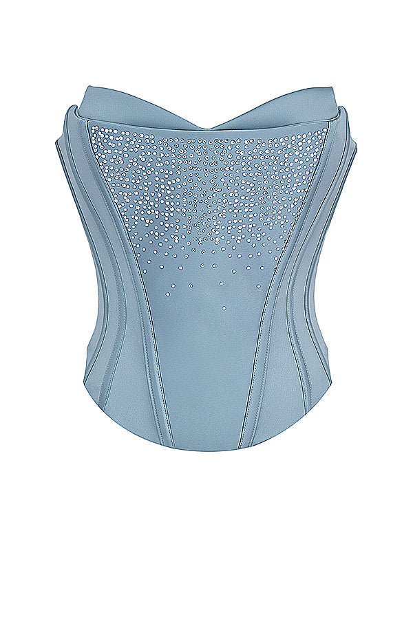 Djupblå dekorerad satinkorsett med kjol