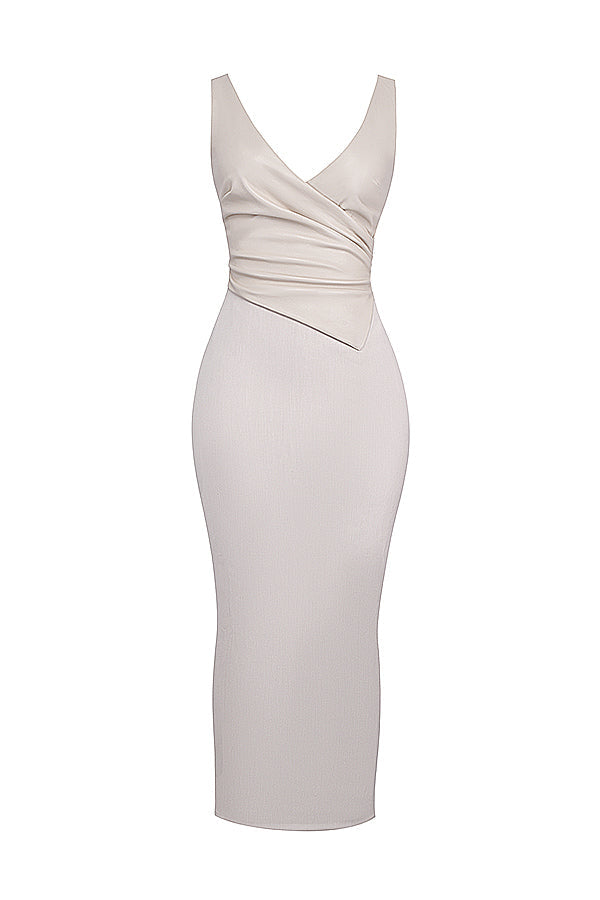 Cream-colored sleeveless wrap maxi dress with v-neck