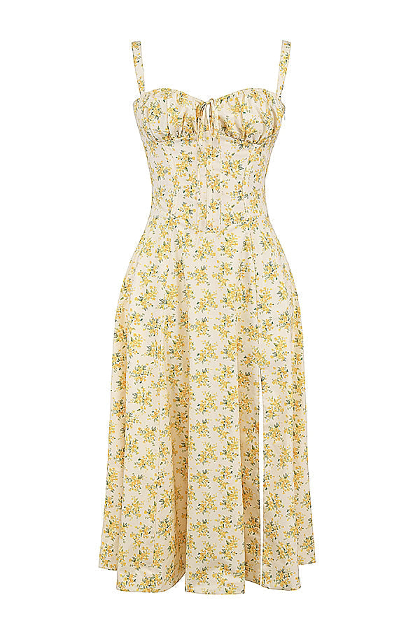 Yellow floral corset midi dress