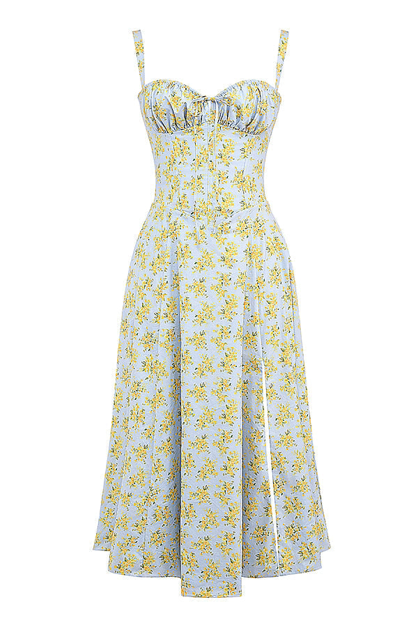 Light blue floral print corset midi dress