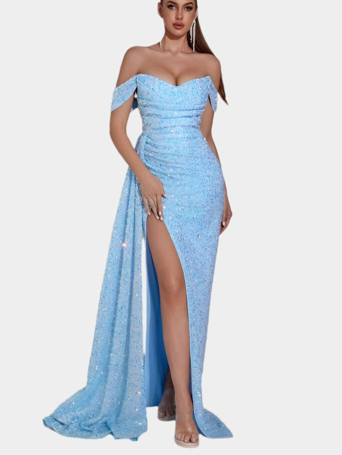 Off-the-shoulder sequin maxi dress with slit