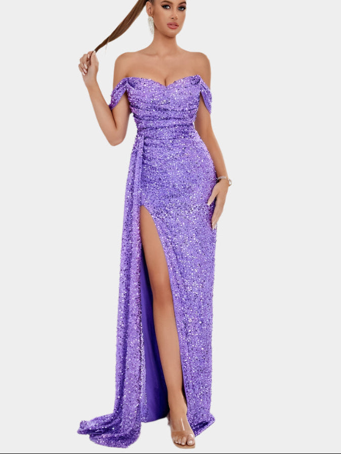 Off-the-shoulder sequin maxi dress with slit