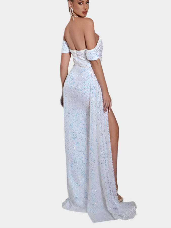 Off-the-shoulder sequin maxi dress with slit