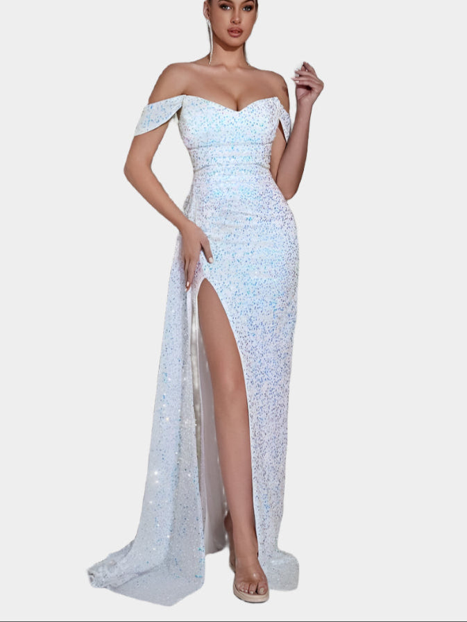 Off-the-shoulder sequin maxi dress with slit
