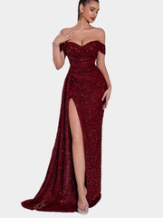 Off-the-shoulder sequin maxi dress with slit