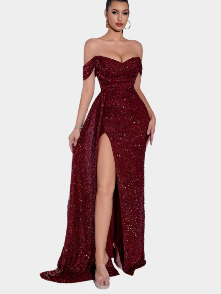 Off-the-shoulder sequin maxi dress with slit