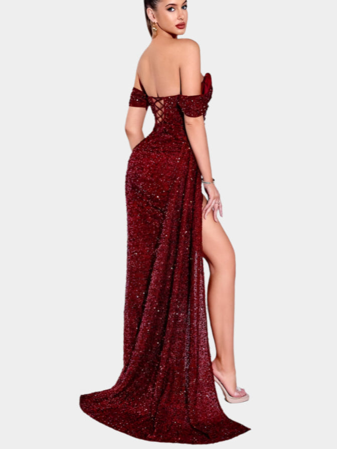 Off-the-shoulder sequin maxi dress with slit