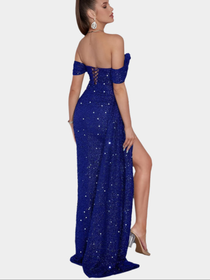 Off-the-shoulder sequin maxi dress with slit