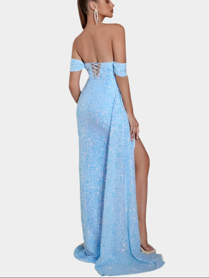 Off-the-shoulder sequin maxi dress with slit