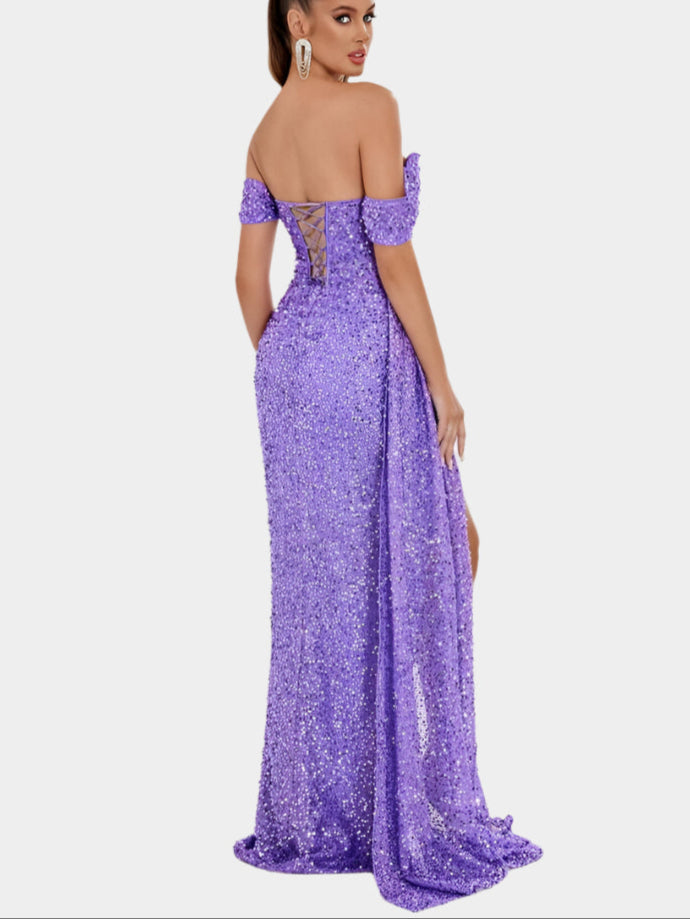 Off-the-shoulder sequin maxi dress with slit