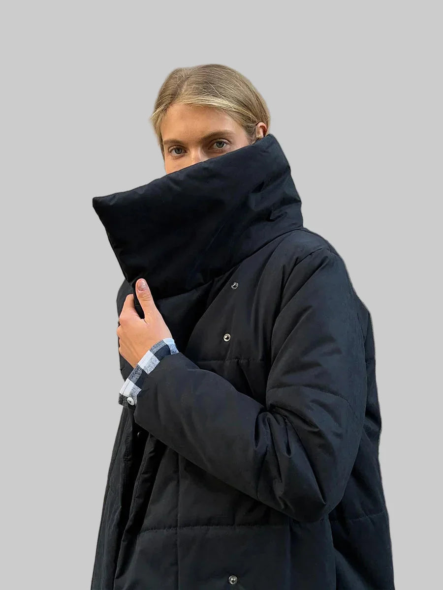 Long wrap puffer coat with belt and large shawl collar