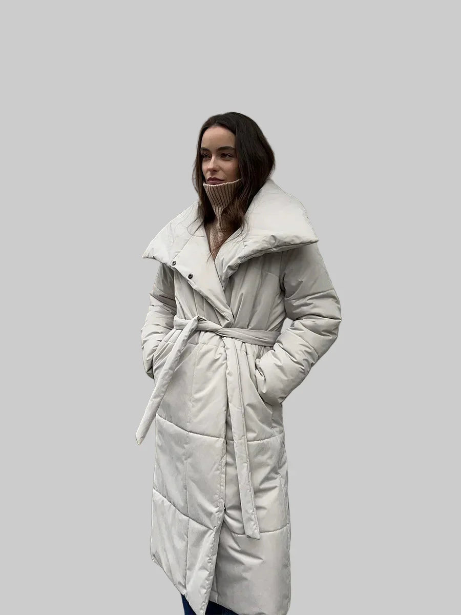Long wrap puffer coat with belt and large shawl collar