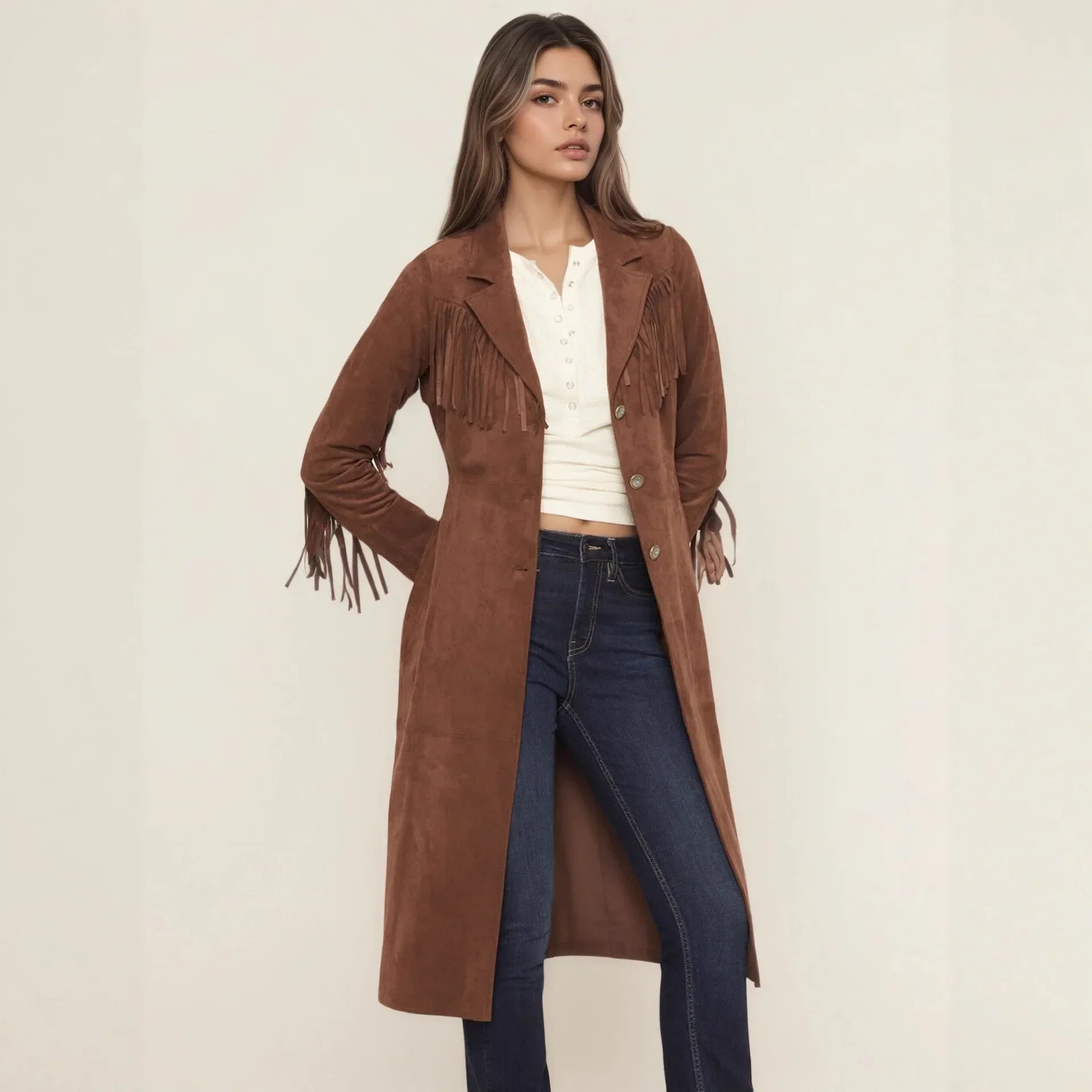 Brown long coat with fringes
