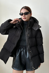 Puffer jacket with waist belt and high stand-up collar