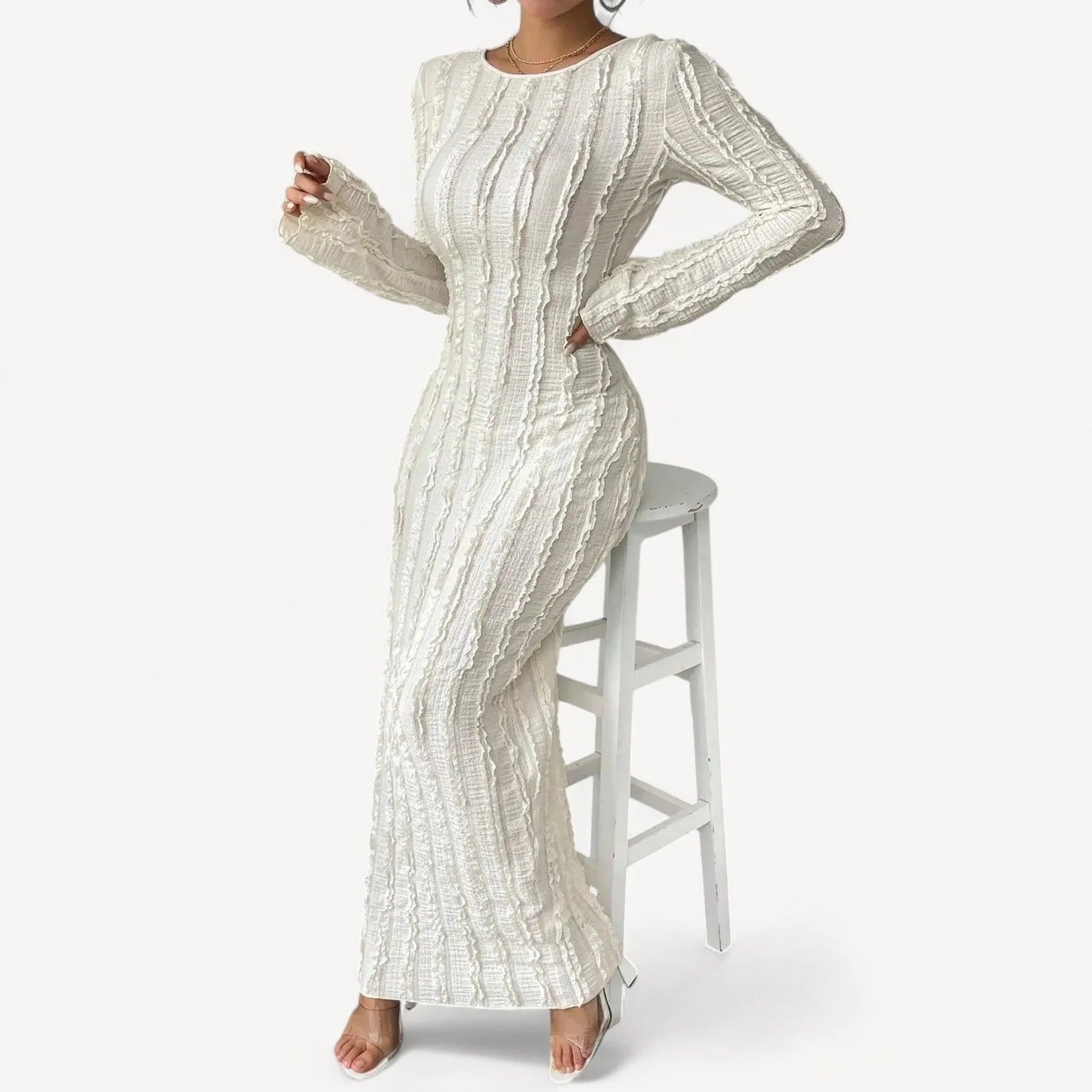 Long white dress with structured pattern