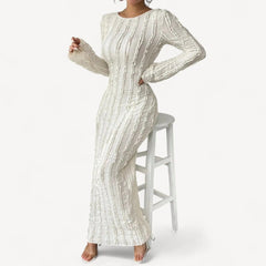 Long white dress with structured pattern