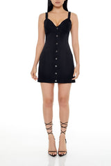 Black denim mini dress with buttons