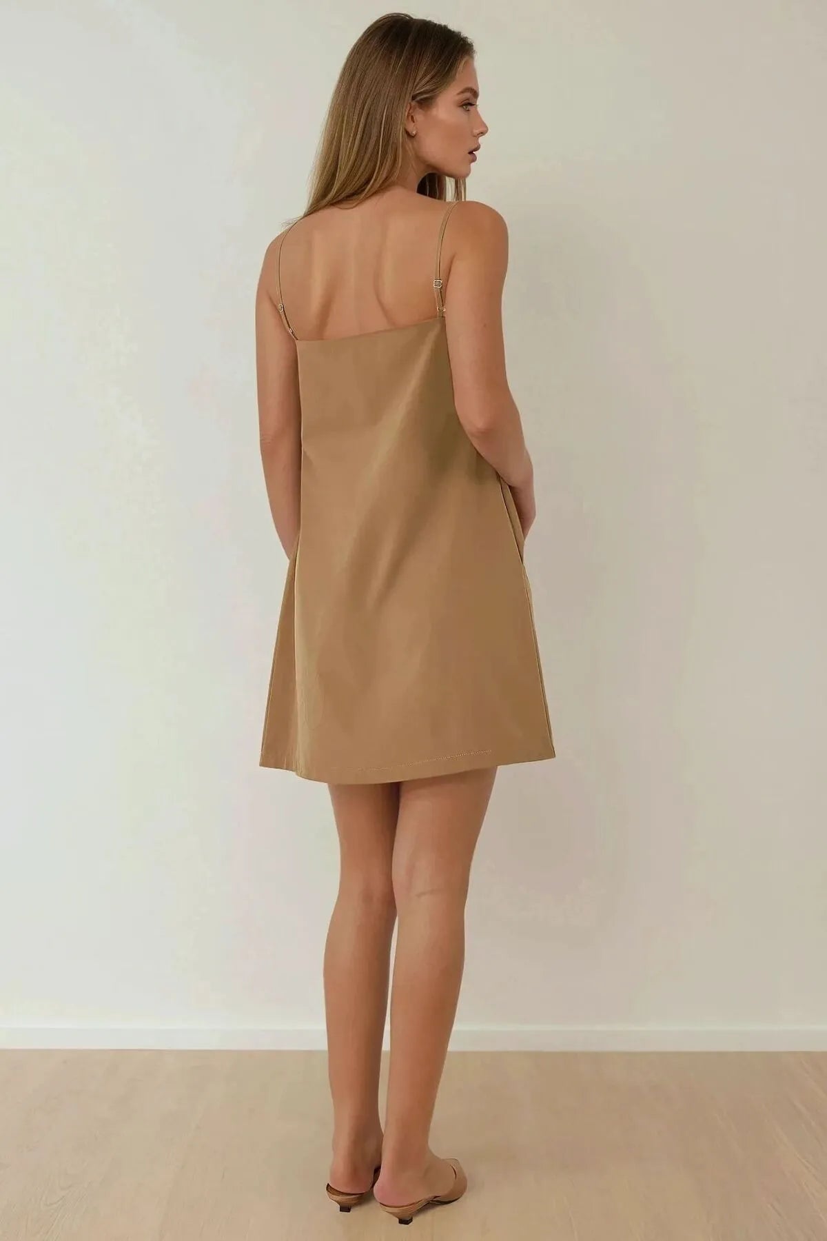 Beige summer dress with narrow straps