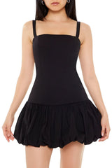 Black mini dress with balloon skirt