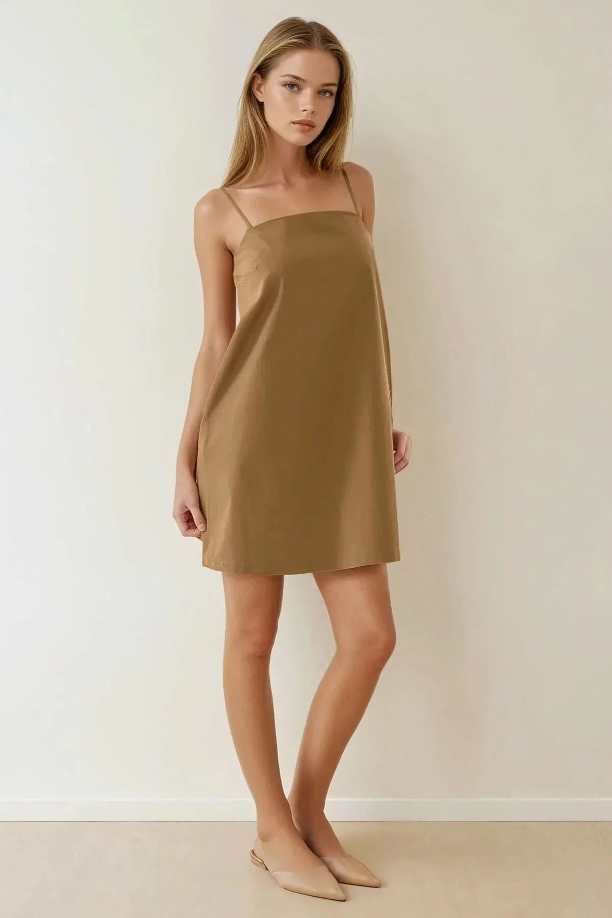 Beige summer dress with narrow straps