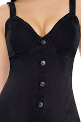 Black denim mini dress with buttons