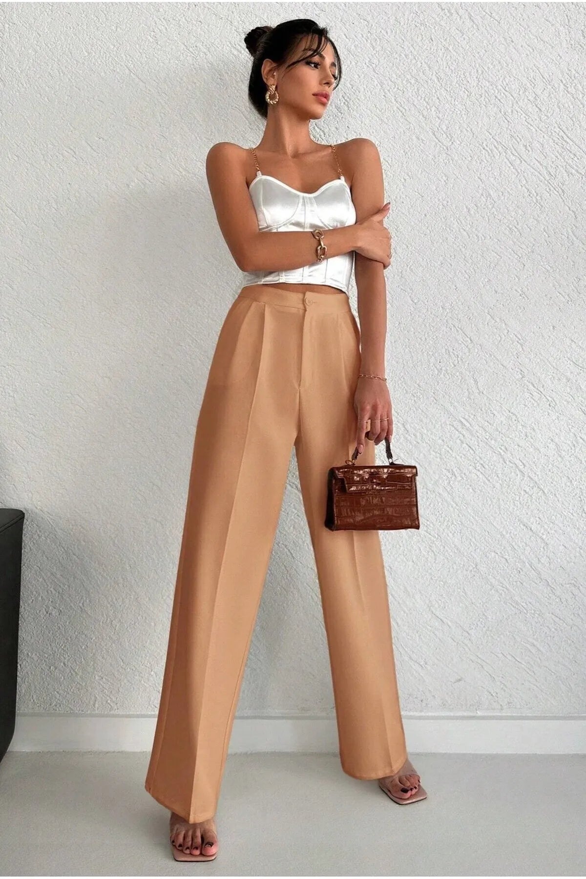 Beige wide leg pants