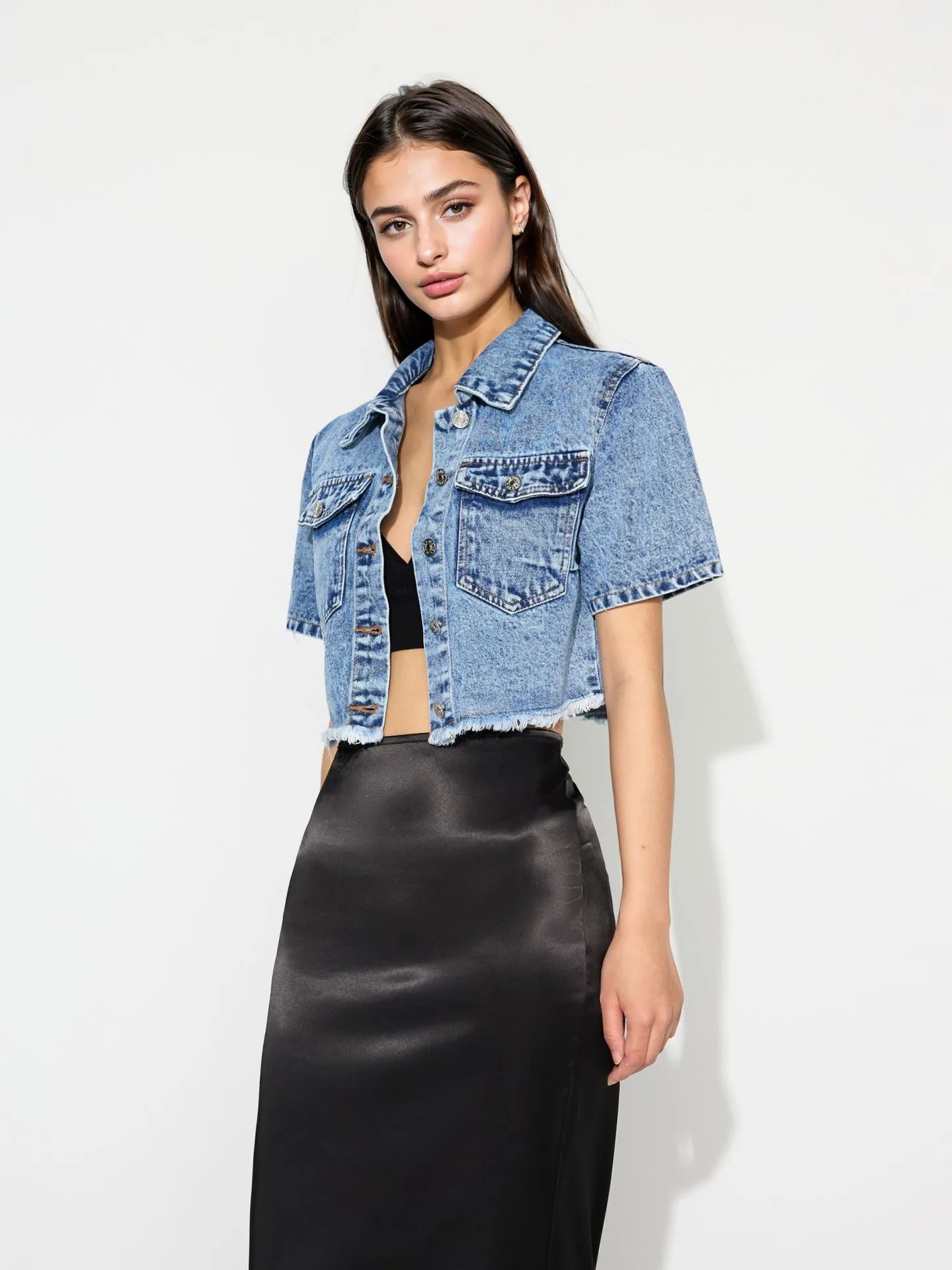 Light blue cropped denim jacket with short sleeves