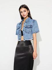 Light blue cropped denim jacket with short sleeves