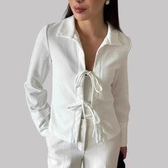 Blouse with tie front and collar