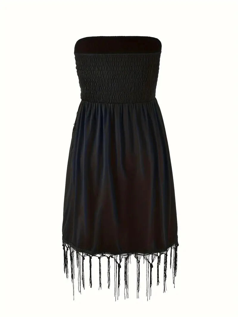 Black strapless dress with fringes