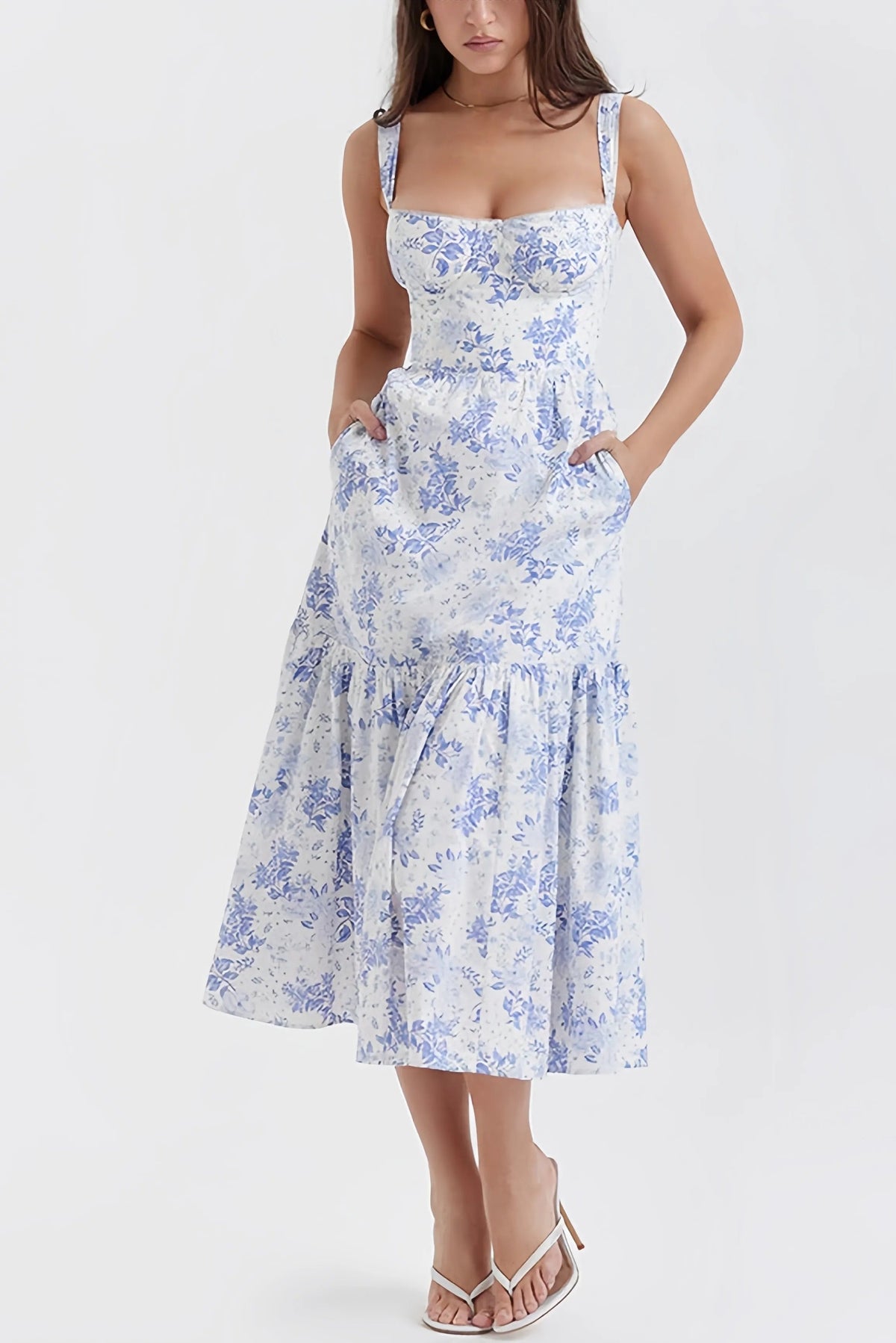 Blue and white floral print maxi corset dress