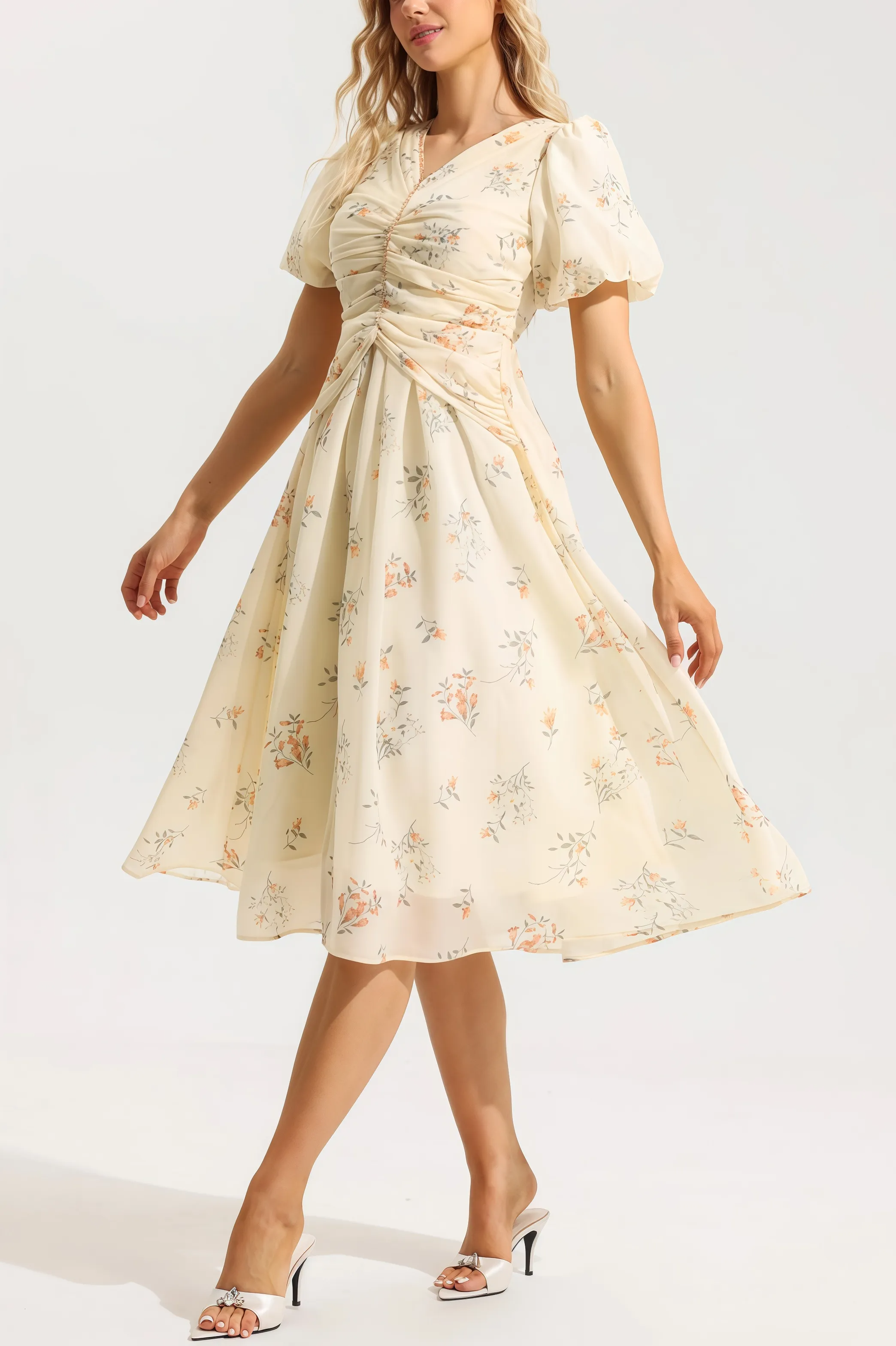 Cream-colored floral midi dress with ruched top