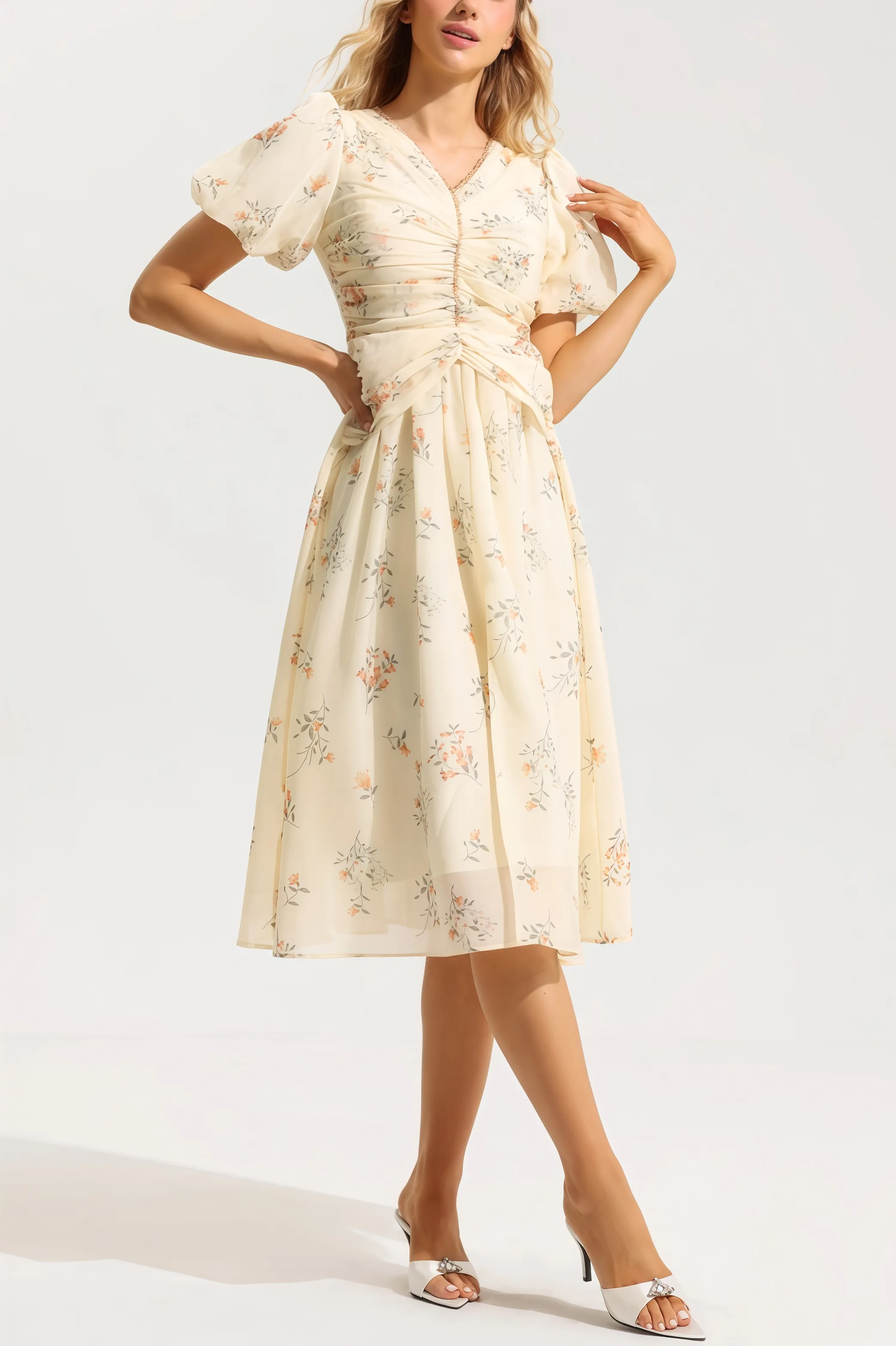 Cream-colored floral midi dress with ruched top