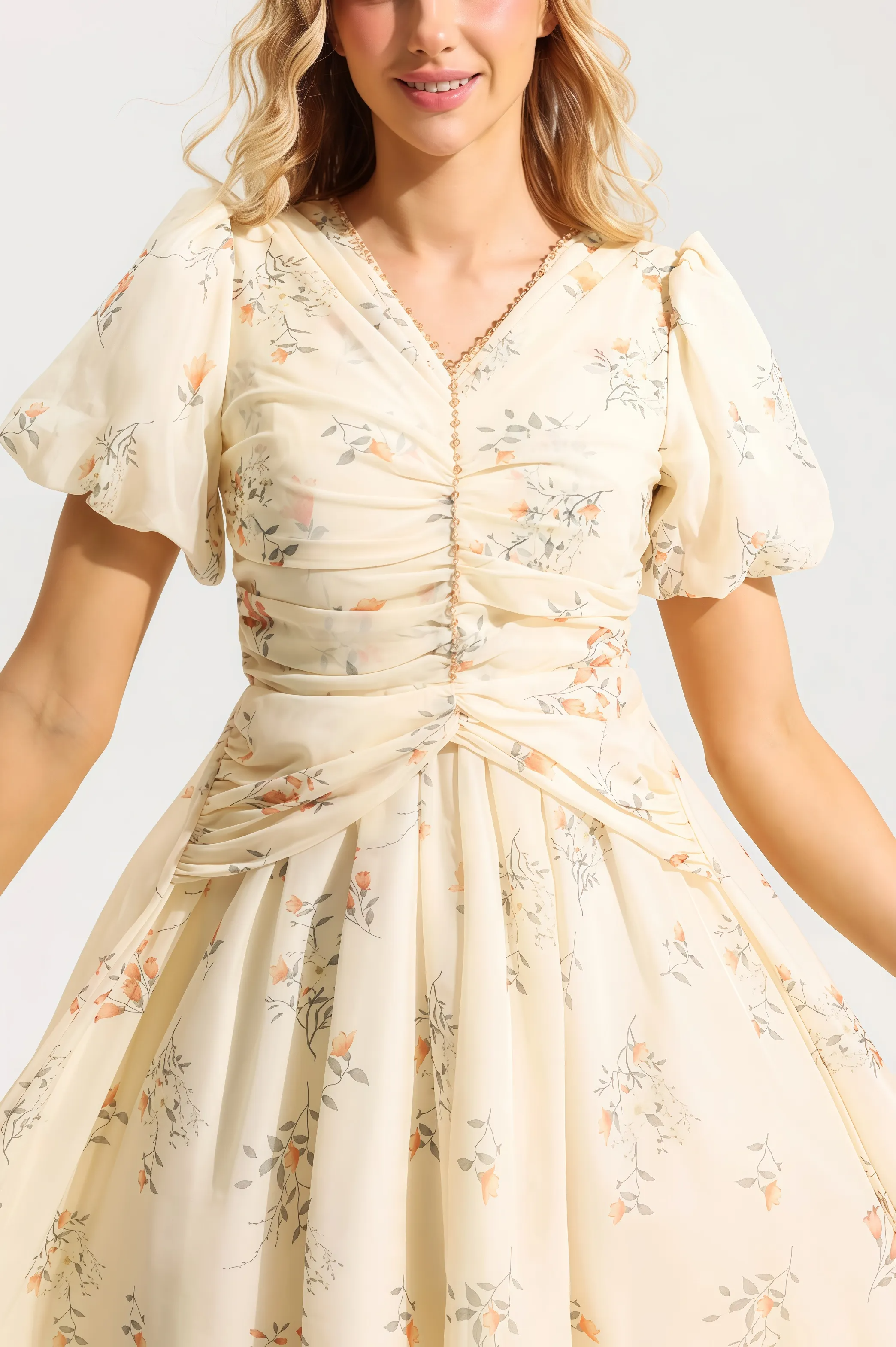 Cream-colored floral midi dress with ruched top