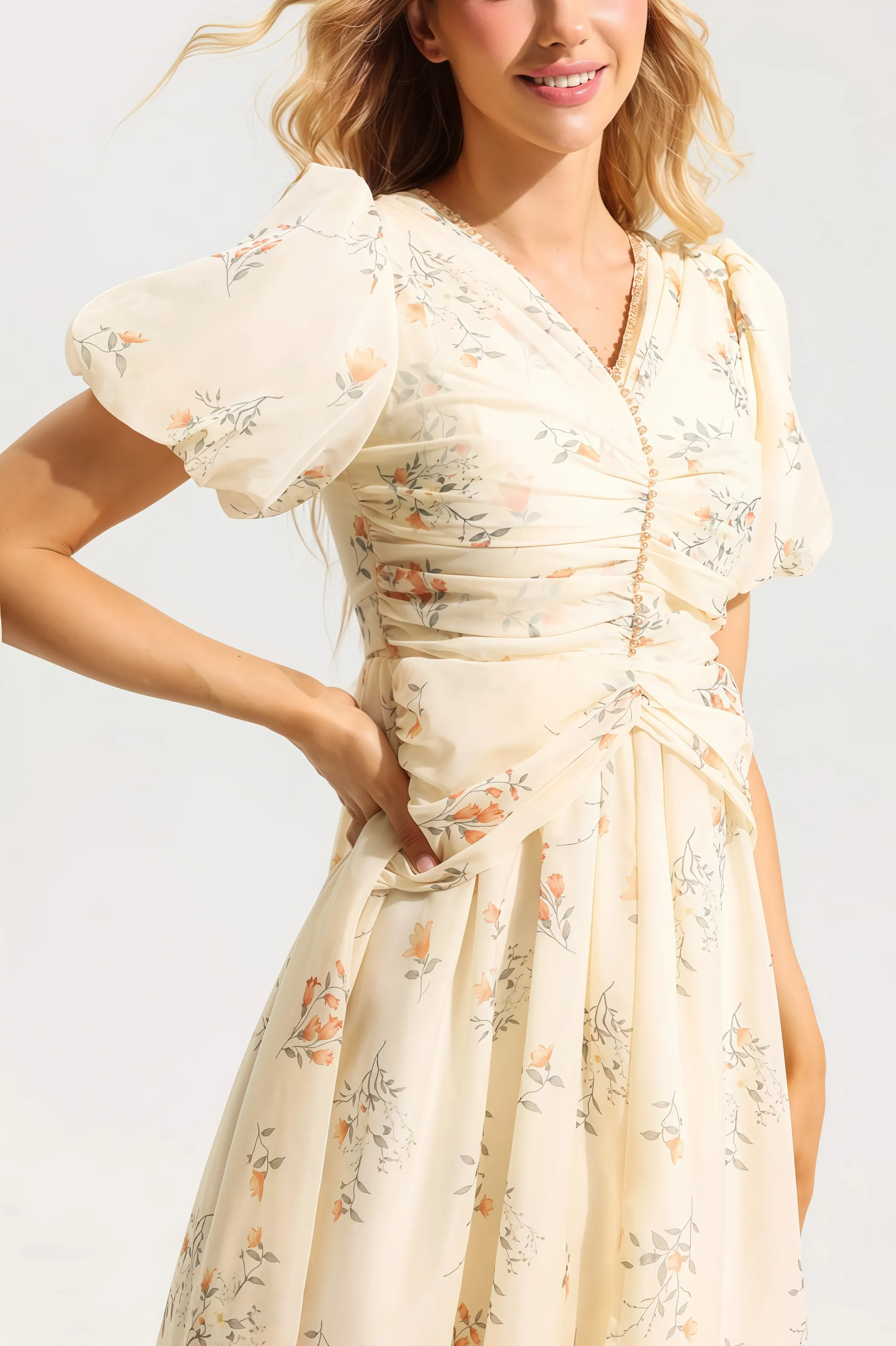 Cream-colored floral midi dress with ruched top
