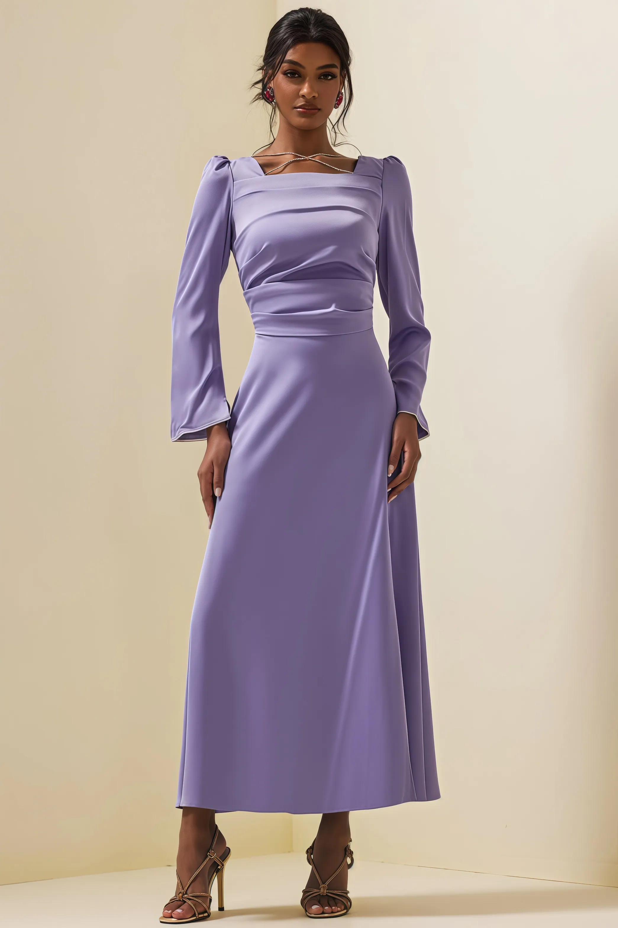 Light purple satin long sleeve dress
