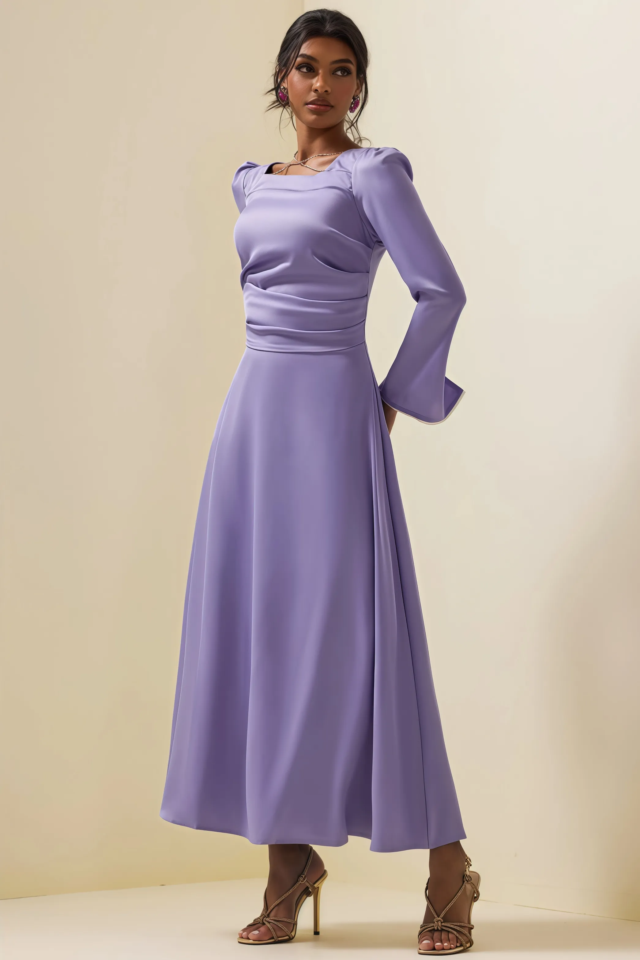 Light purple satin long sleeve dress