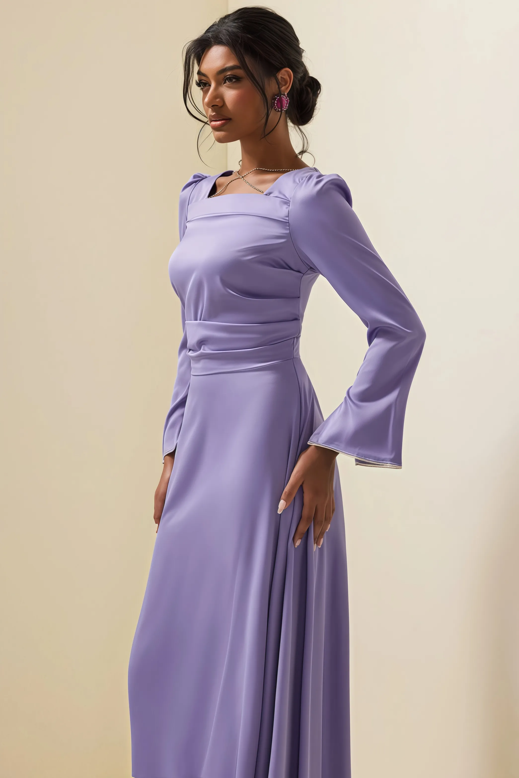 Light purple satin long sleeve dress