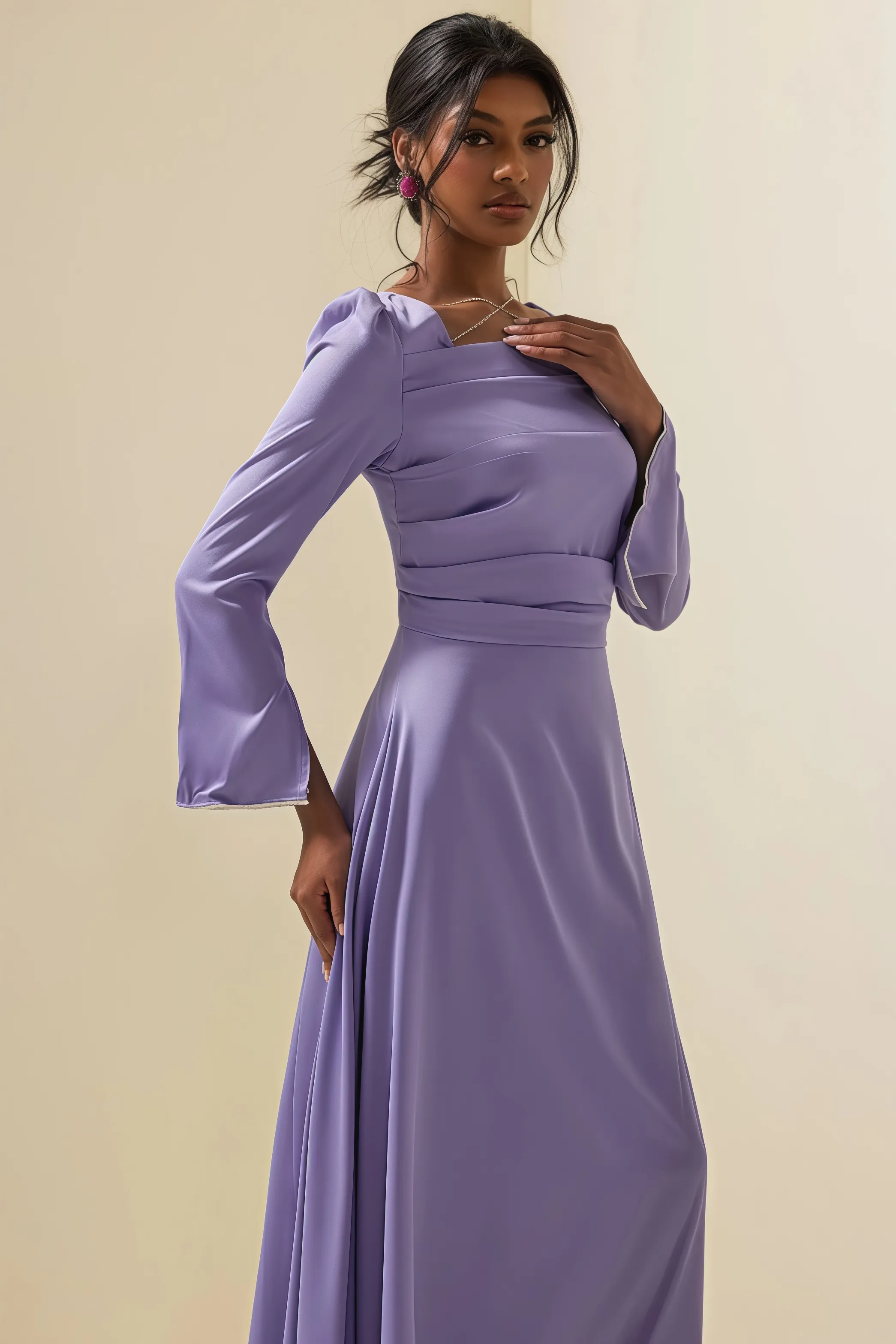 Light purple satin long sleeve dress