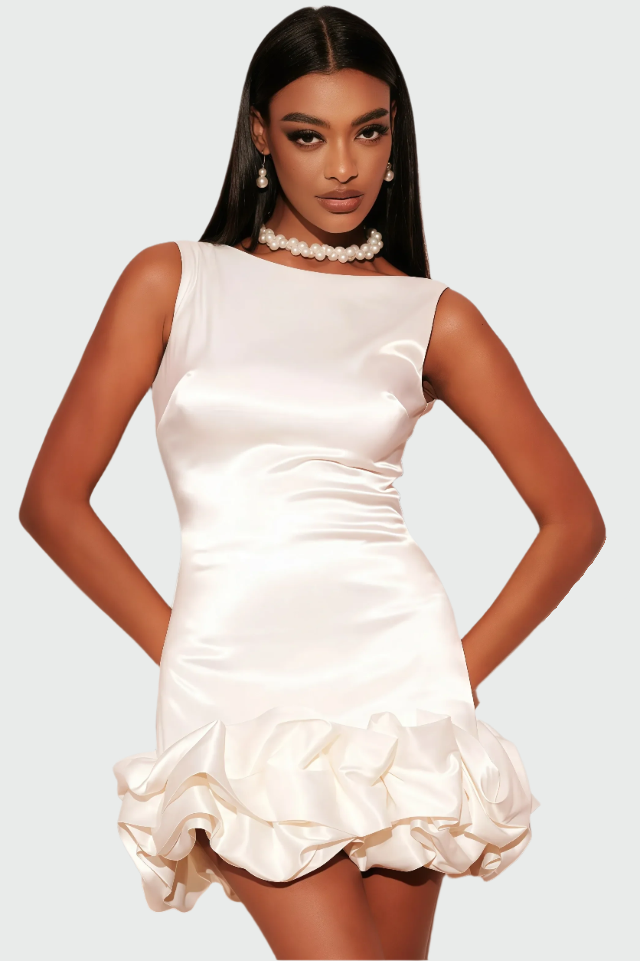 White mini dress with ruffled skirt