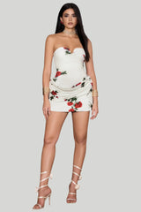 White strapless mini dress with red roses