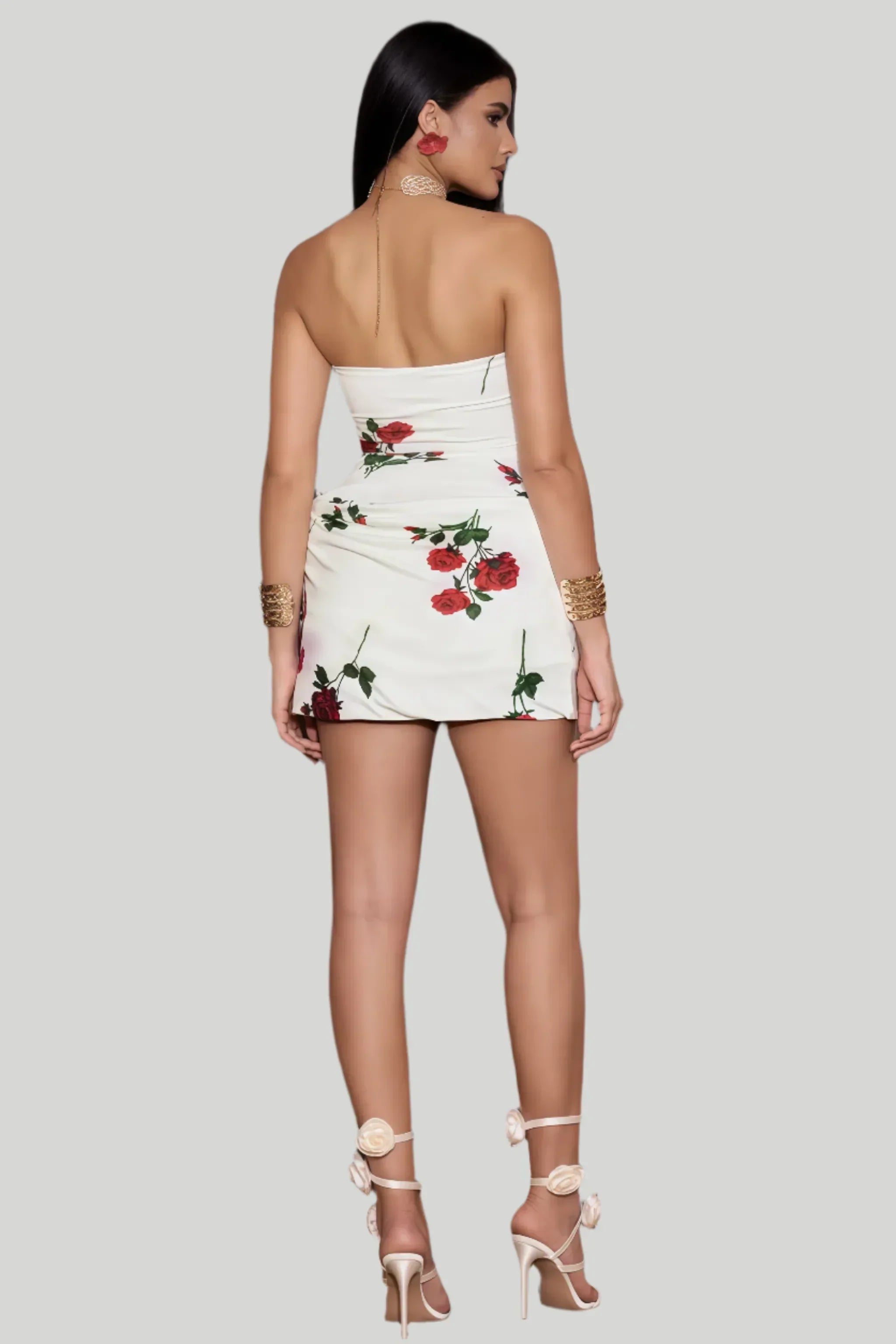 White strapless mini dress with red roses