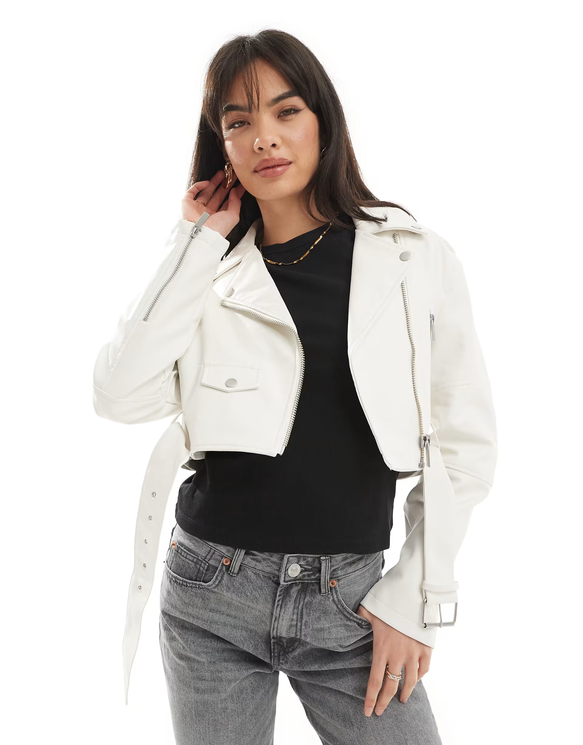 Short biker jacket with zip details