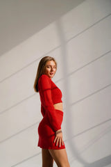 Red knit set with crop top and skirt