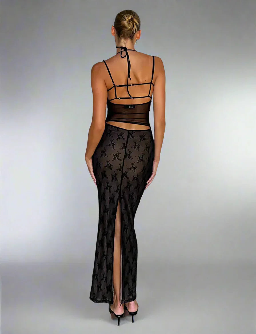 Lyxig transparent långklänning med utskärning