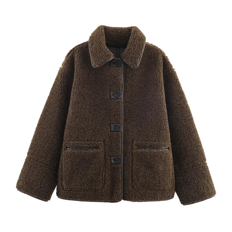 Brown teddy jacket with buttons and zipper pockets
